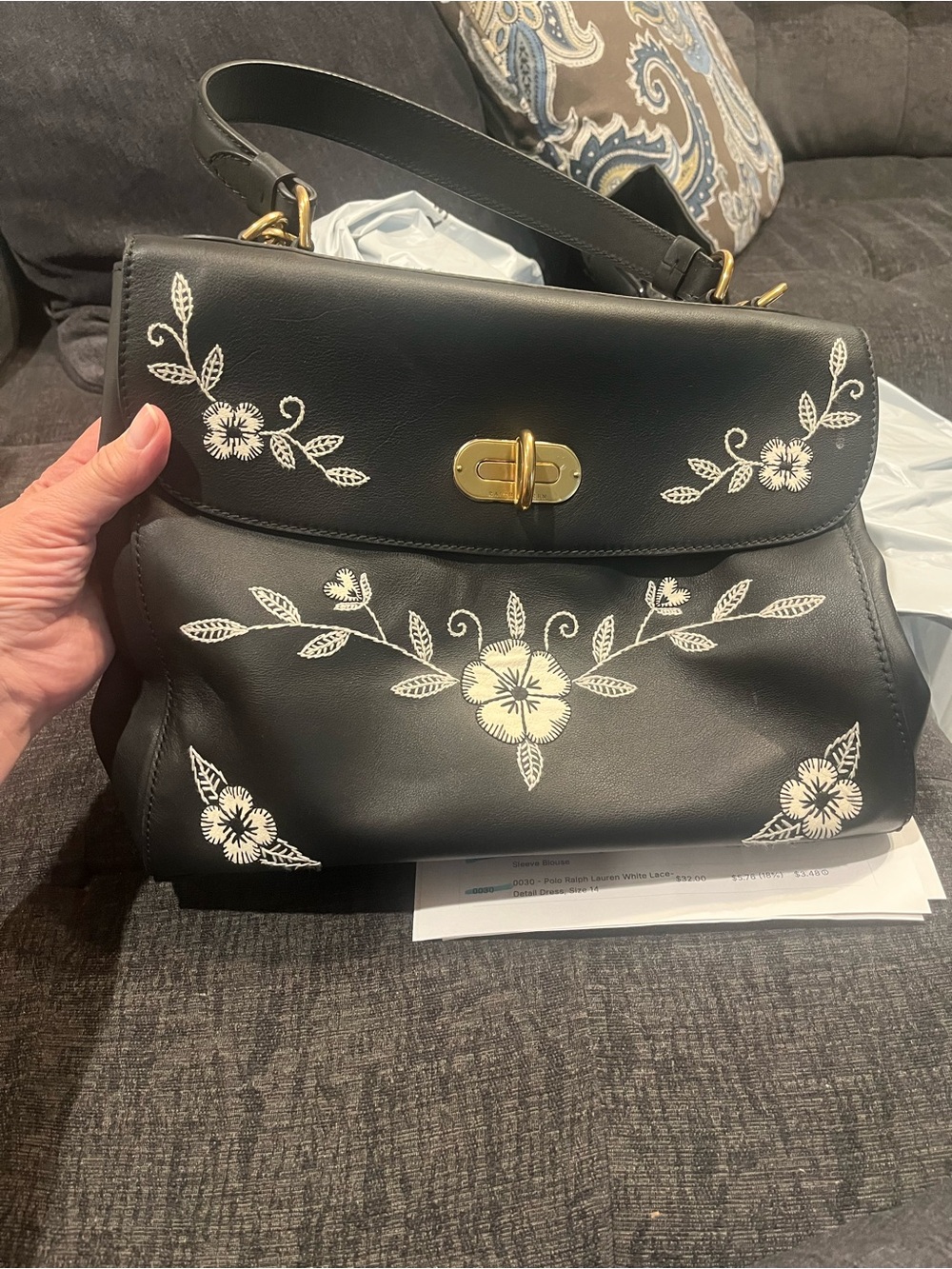 Ralph Lauren Tiffin Bag Black Floral Embroidered Top-Handle Bag